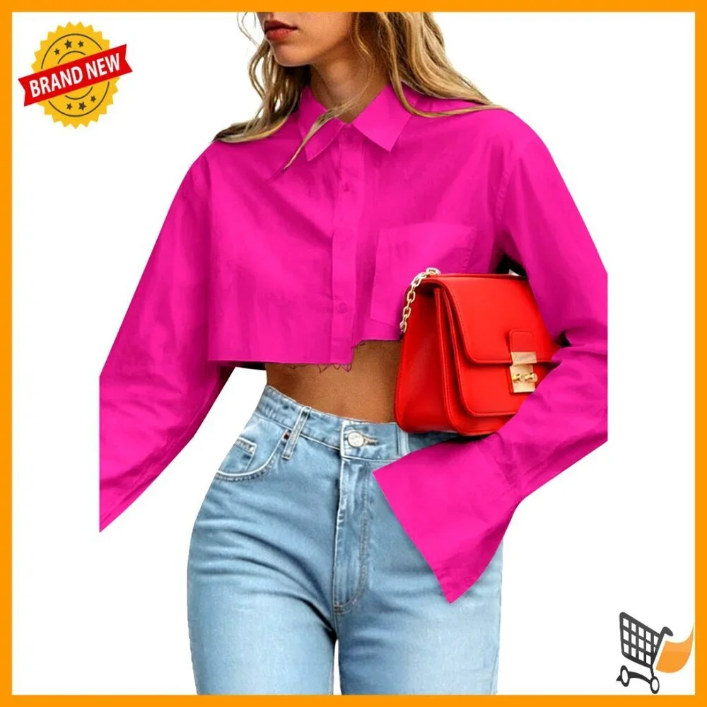 Casual Striped Cropped Button Down Shirt Long Sleeve Crop Top - Picture 1 of 5